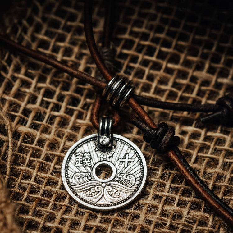 sen // aged japanese coin linen and leather necklace by Peacock & Lime