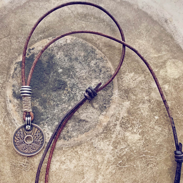sen // aged japanese coin linen and leather necklace by Peacock & Lime