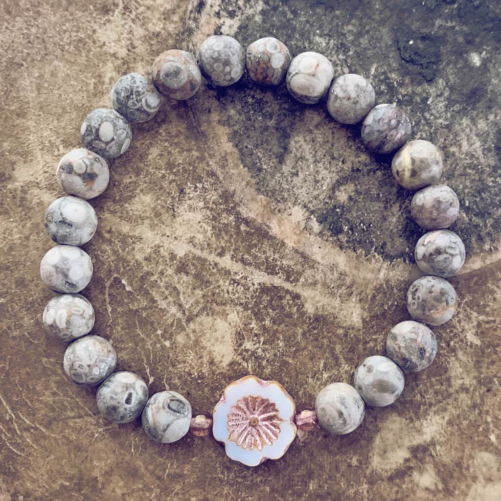 serenity // fossil jasper with light pink hibiscus flower bead mala bracelet - Peacock & Lime