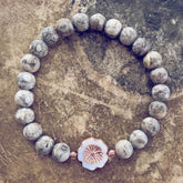 serenity // fossil jasper with light pink hibiscus flower bead mala bracelet - Peacock & Lime