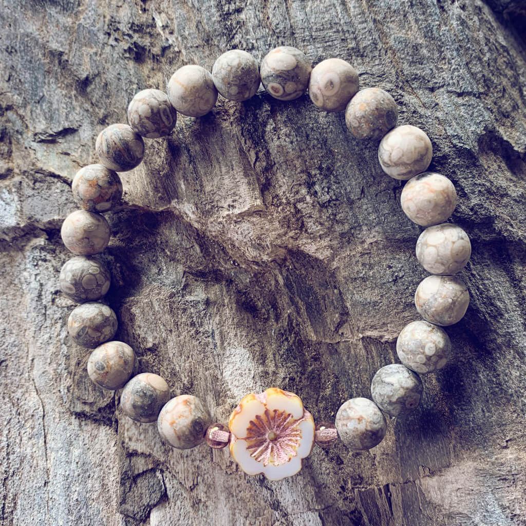serenity // fossil jasper with light pink hibiscus flower bead mala bracelet - Peacock & Lime