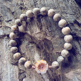 serenity // fossil jasper with light pink hibiscus flower bead mala bracelet - Peacock & Lime