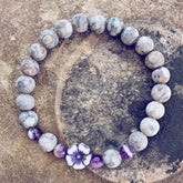 serenity // fossil jasper with purple & white hibiscus flower bead mala bracelet - Peacock & Lime