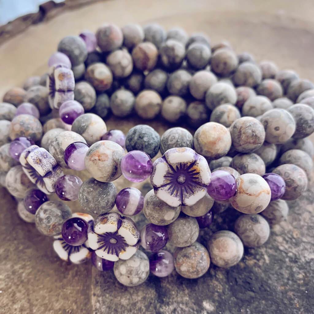 serenity // fossil jasper with purple & white hibiscus flower bead mala bracelet - Peacock & Lime