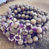 serenity // fossil jasper with purple & white hibiscus flower bead mala bracelet - Peacock & Lime