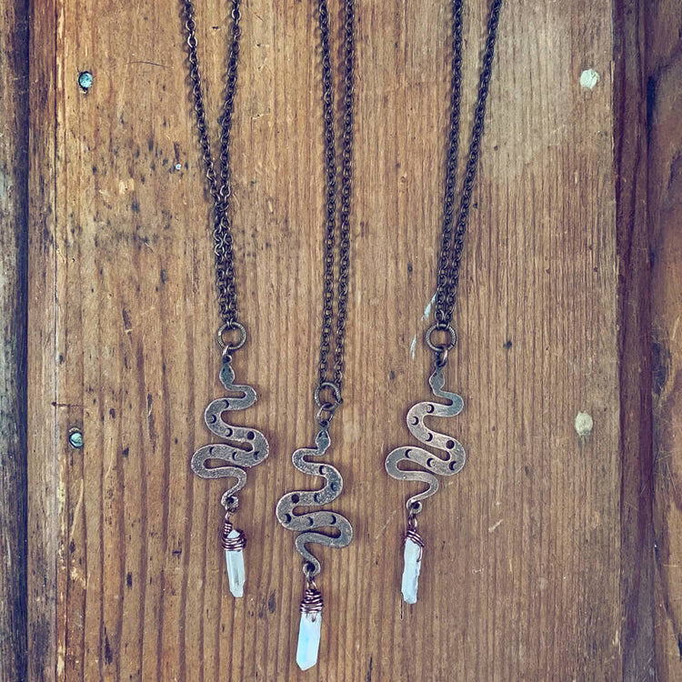 serpent // copper electroformed snake pendant necklaces with angel aura quartz crystal by Peacock and Lime