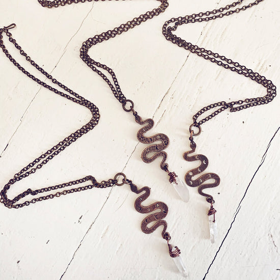 serpent // copper electroformed snake pendant necklaces with angel aura quartz crystal by Peacock and Lime