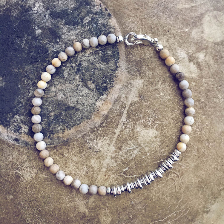 silver leaf jasper asymmetric beaded bracelet - Peacock & Lime