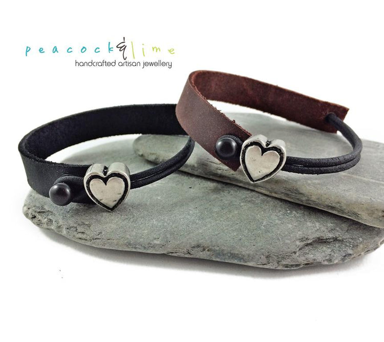 simple modern single strap leather bracelet with pewter heart slider - Peacock & Lime