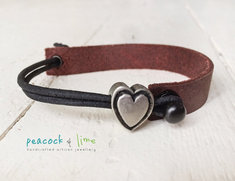 simple modern single strap leather bracelet with pewter heart slider - Peacock & Lime