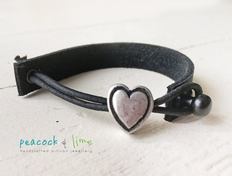 simple modern single strap leather bracelet with pewter heart slider - Peacock & Lime