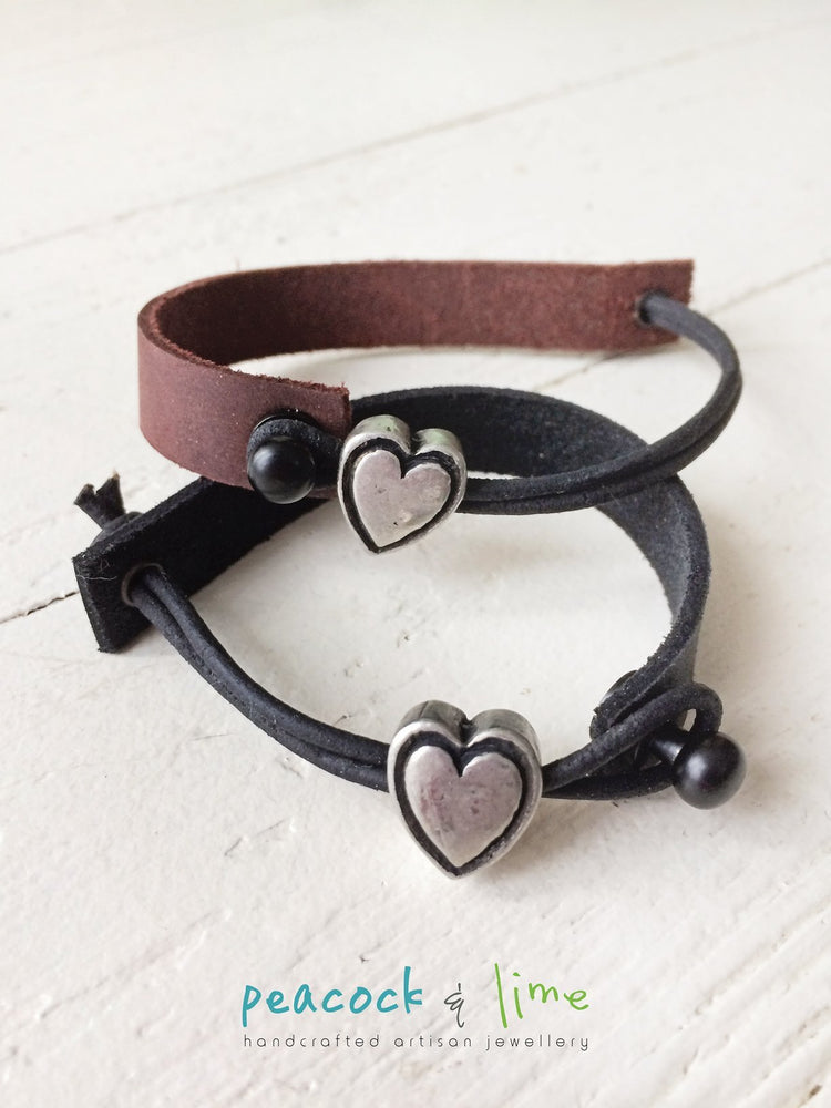 simple modern single strap leather bracelet with pewter heart slider - Peacock & Lime