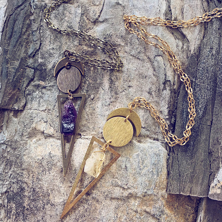 skygazer and night skygazer // crescent moon, full moon, citrine or amethyst crystal and long triangle pendant necklaces by Peacock and Lime
