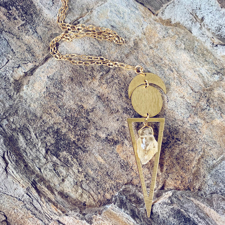 skygazer // crescent moon, full moon, citrine crystal and long triangle pendant necklace by Peacock and Lime
