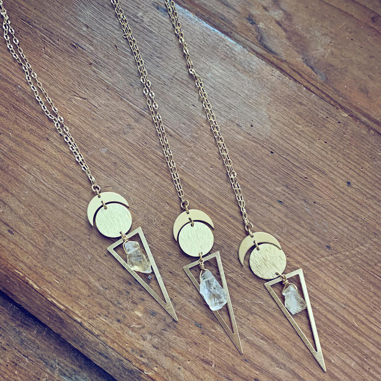 skygazer // crescent moon, full moon, citrine crystal and long triangle pendant necklaces by Peacock and Lime