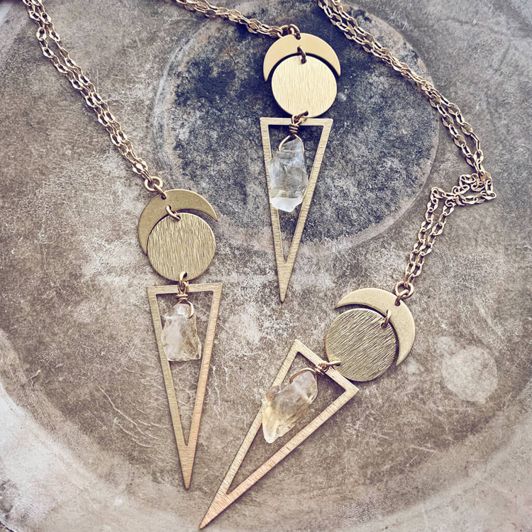 skygazer // crescent moon, full moon, citrine crystal and long triangle pendant necklaces by Peacock and Lime