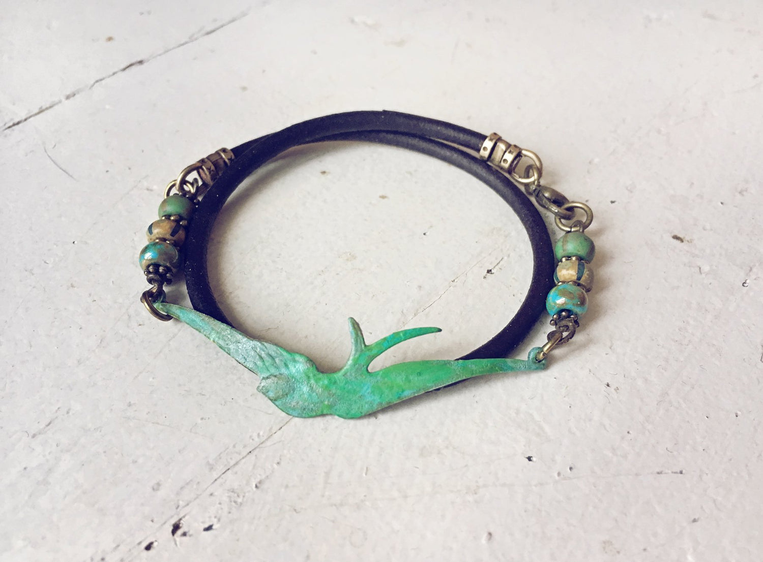 soaring bird leather wrap bracelet // choker - Peacock & Lime