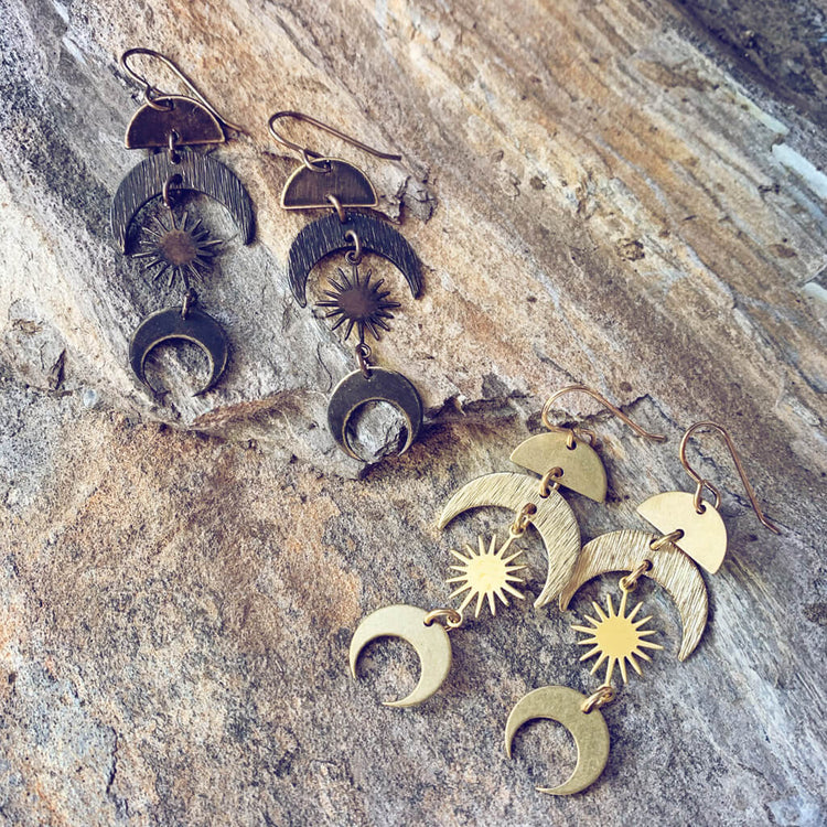 solar eclipse & lunar eclipse // boho brass dangle earrings - Peacock & Lime