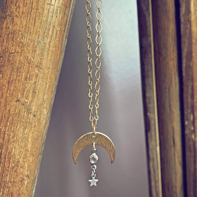 solar nebula // crescent moon, crystal & silver star drop necklace - Peacock & Lime