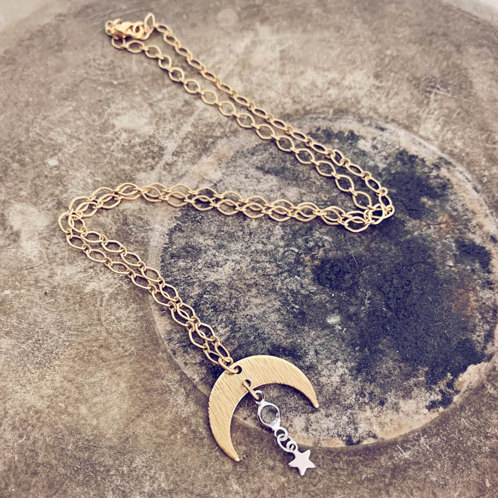 solar nebula // crescent moon, crystal & silver star drop necklace - Peacock & Lime