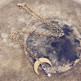 solar nebula // crescent moon, crystal & silver star drop necklace - Peacock & Lime