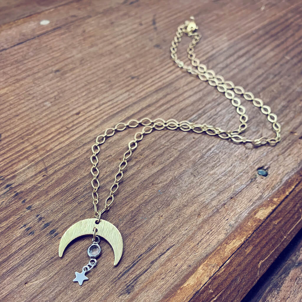 solar nebula // crescent moon, crystal & silver star drop necklace - Peacock & Lime