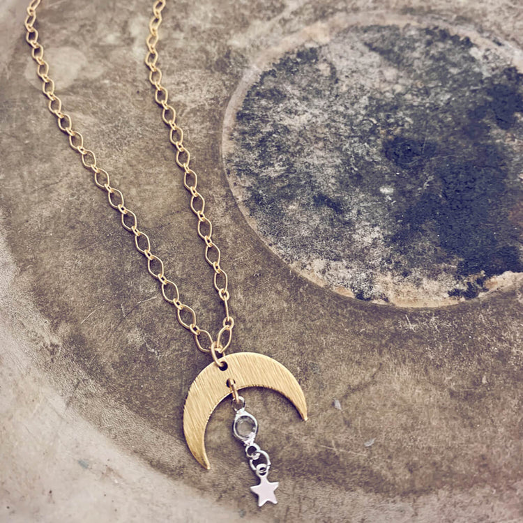 solar nebula // crescent moon, crystal & silver star drop necklace - Peacock & Lime