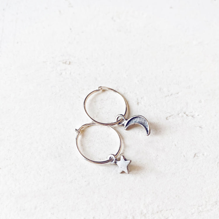 solasta // teeny tiny sterling silver star and crescent moon hoop earrings - Peacock & Lime