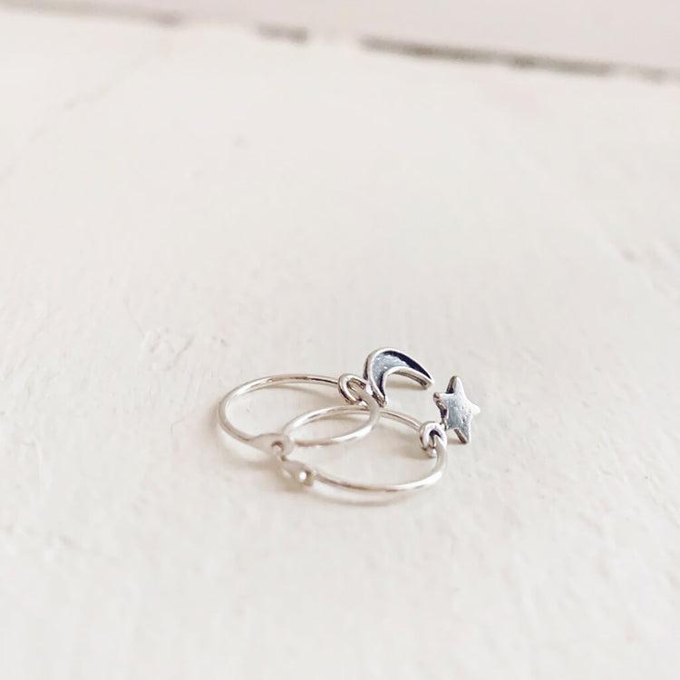 solasta // teeny tiny sterling silver star and crescent moon hoop earrings - Peacock & Lime