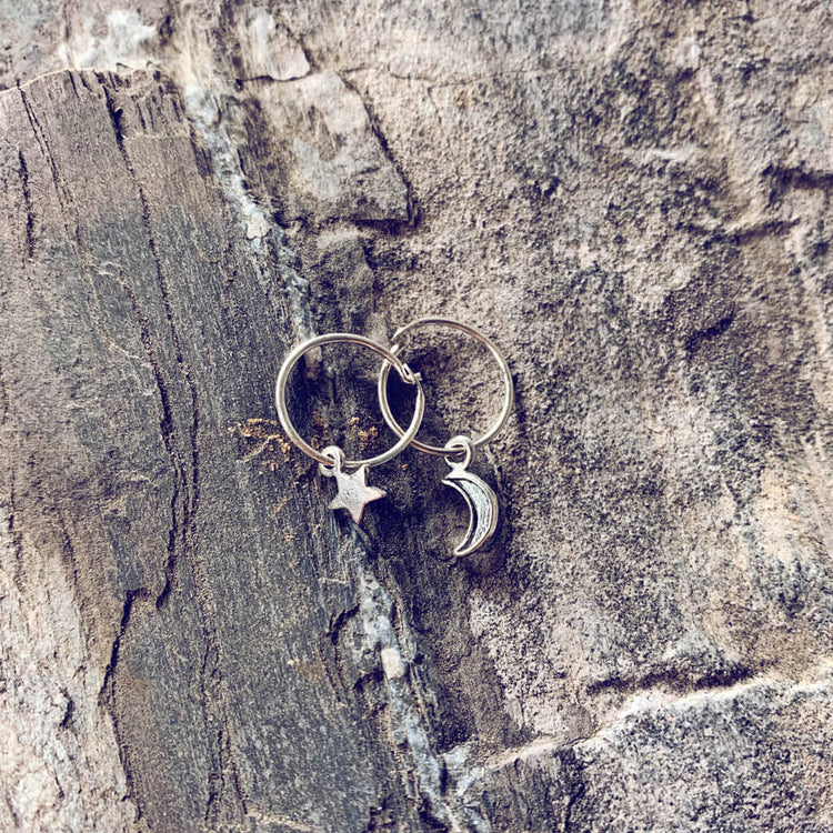 solasta // teeny tiny sterling silver star and crescent moon hoop earrings⁣ - Peacock & Lime