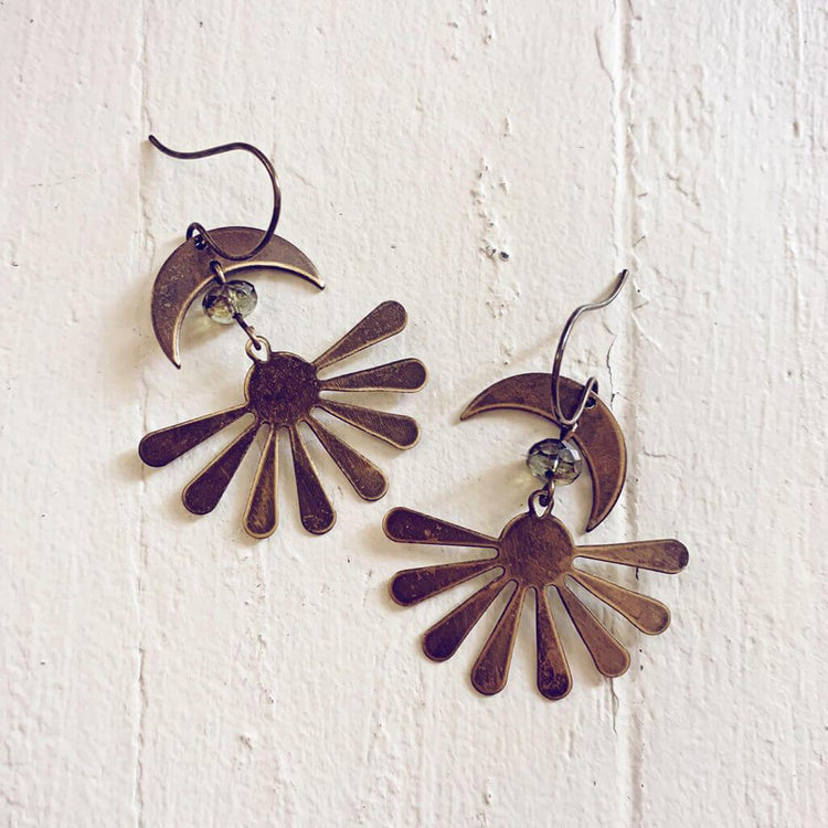 solstice // boho brass sun and crescent moon earrings - Peacock & Lime