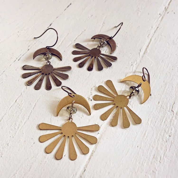 solstice // boho brass sun and crescent moon earrings - Peacock & Lime
