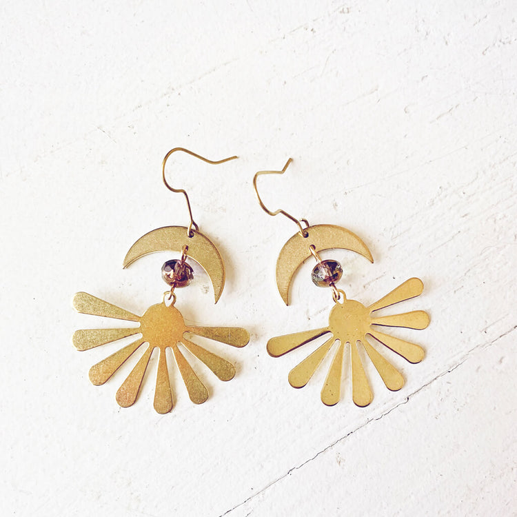 solstice // boho brass sun and crescent moon earrings by Peacock & Lime