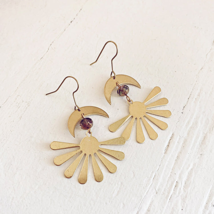 solstice // boho brass sun and crescent moon earrings by Peacock & Lime