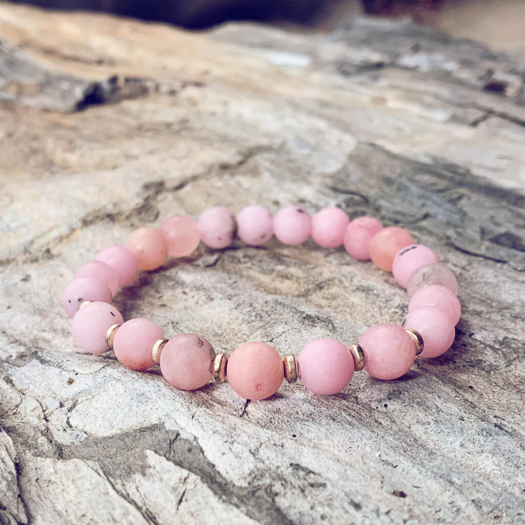 spirit nurturer // cherry blossom jasper and plated rose gold hematite mala bead bracelet - Peacock & Lime