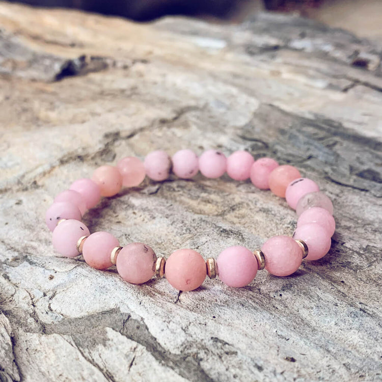 spirit nurturer // cherry blossom jasper and plated rose gold hematite mala bead bracelet - Peacock & Lime