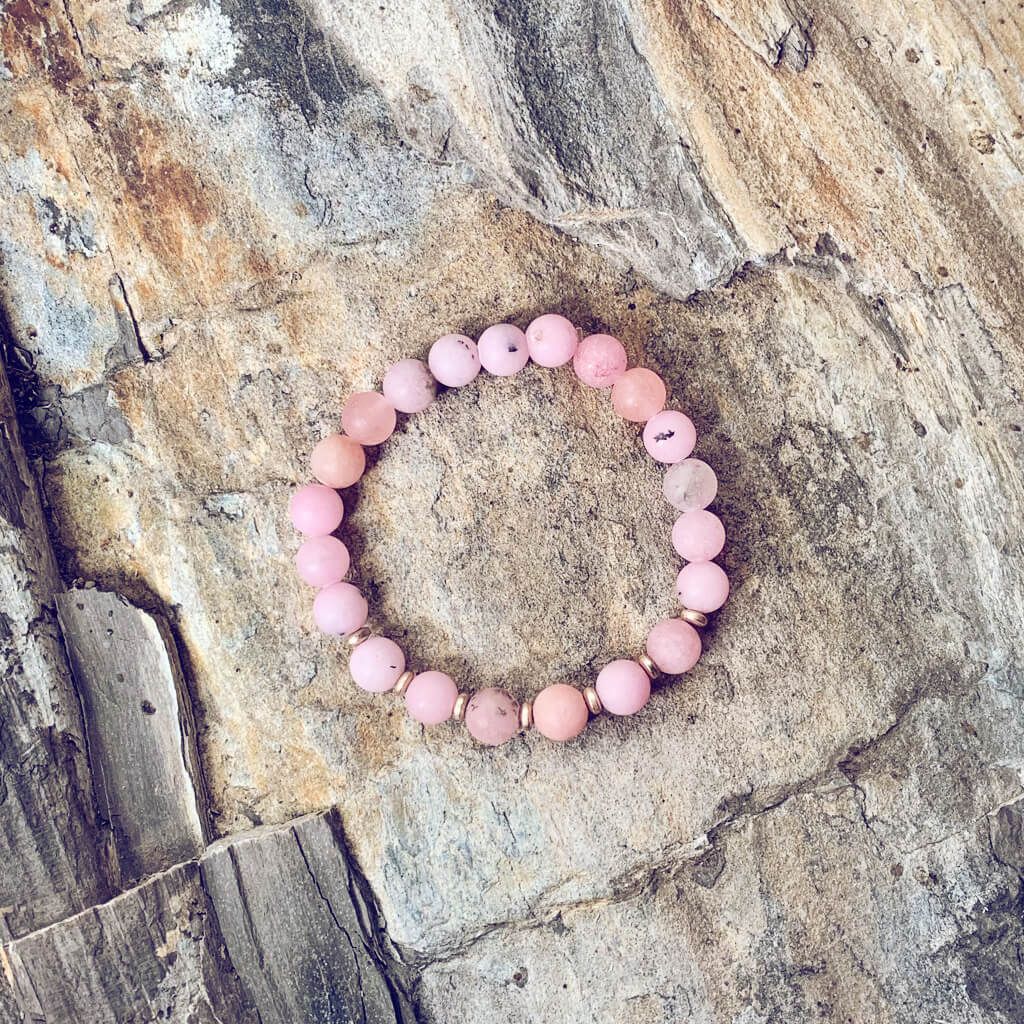 spirit nurturer // cherry blossom jasper and plated rose gold hematite mala bead bracelet - Peacock & Lime