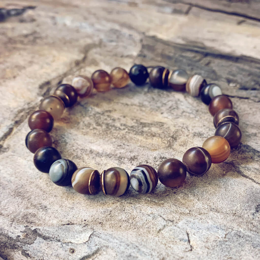 stability II // brown line agate and natural brass mala bead bracelet - Peacock & Lime
