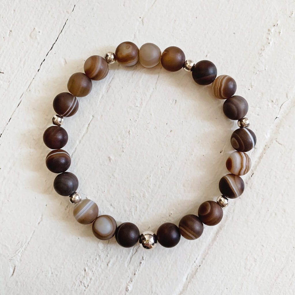 stability II // brown line agate and rose gold mala bead bracelet - Peacock & Lime