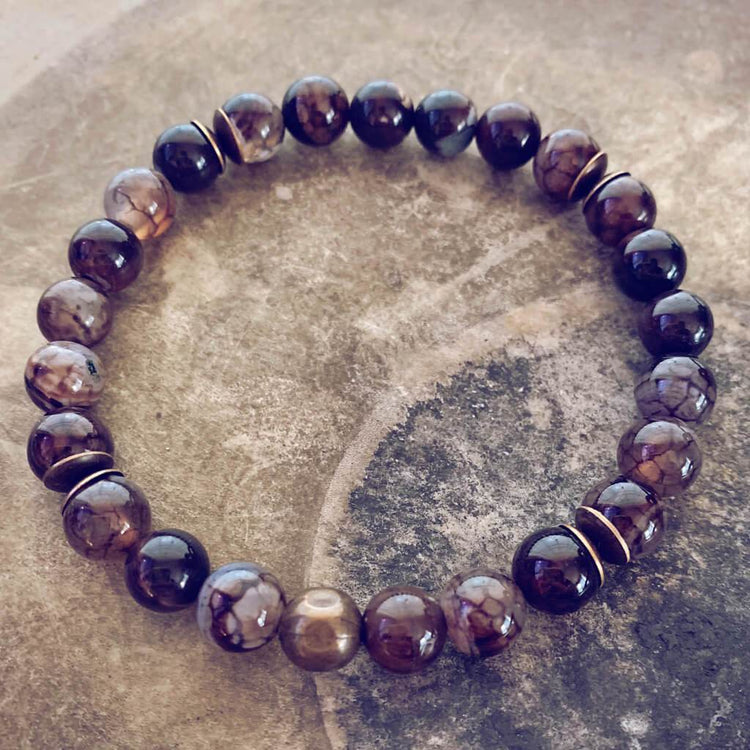stability // men's brown line agate and natural brass bead bracelet - Peacock & Lime