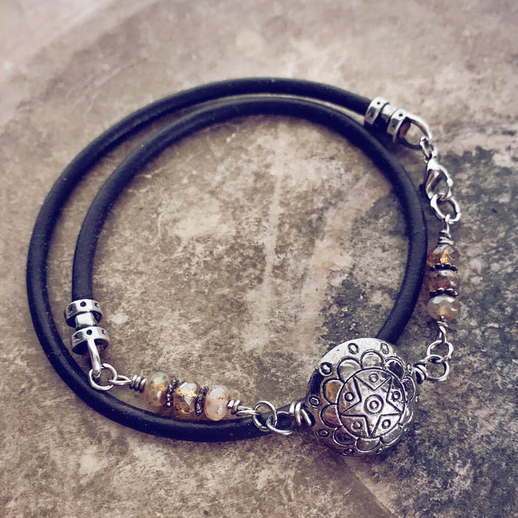 star mandala // silver plated puffed coin & glass bead leather wrap bracelet by Peacock & Lime