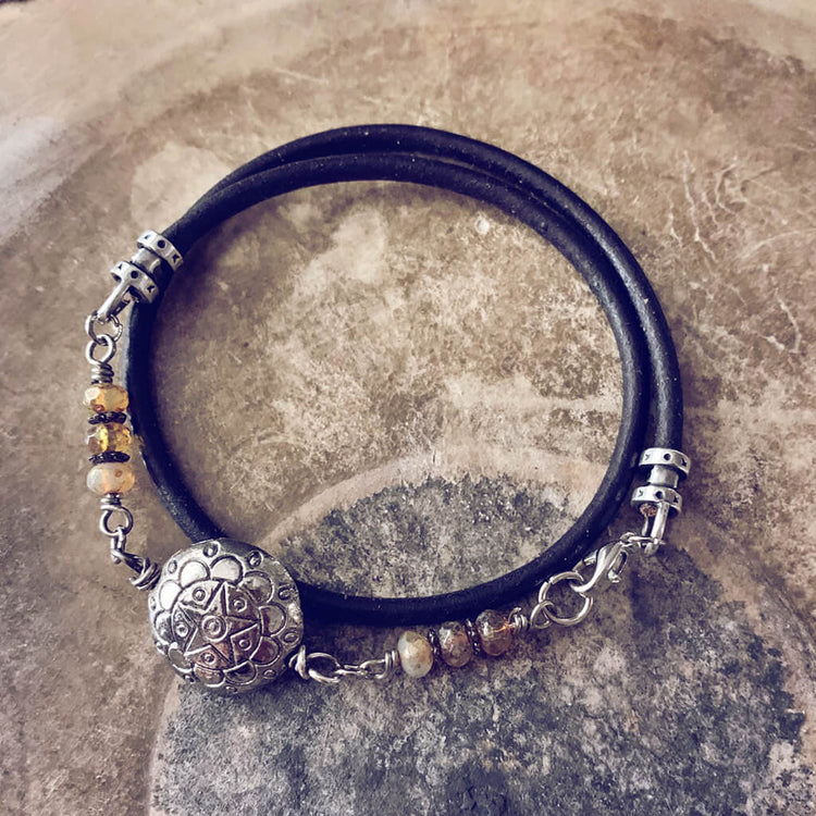 star mandala // silver plated puffed coin & glass bead leather wrap bracelet by Peacock & Lime