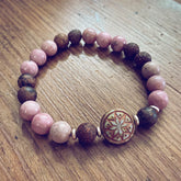 star of venus // beaded rhodochrosite gemstone bracelet with ishtar bead by Peacock and Lime