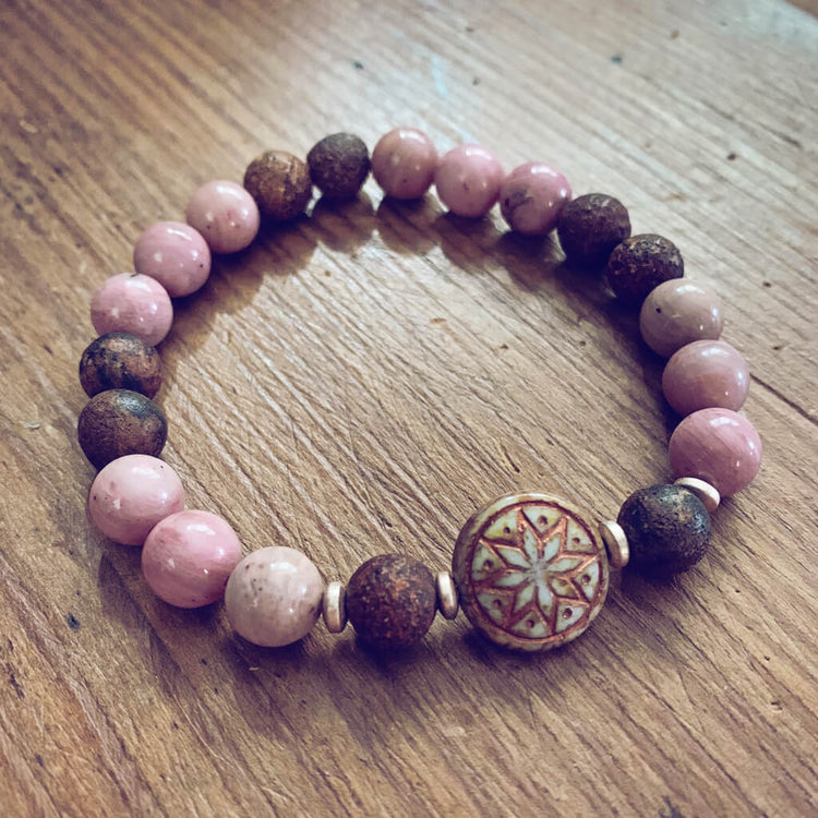 star of venus // beaded rhodochrosite gemstone bracelet with ishtar bead by Peacock and Lime