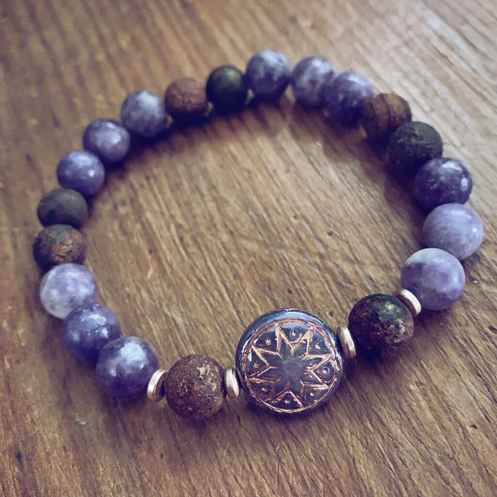 star of venus // beaded lepidolite gemstone bracelet with ishtar bead by Peacock and Lime