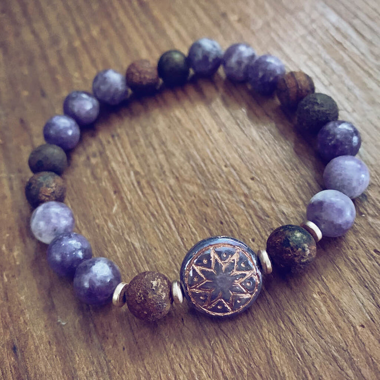star of venus // beaded lepidolite gemstone bracelet with ishtar bead by Peacock and Lime