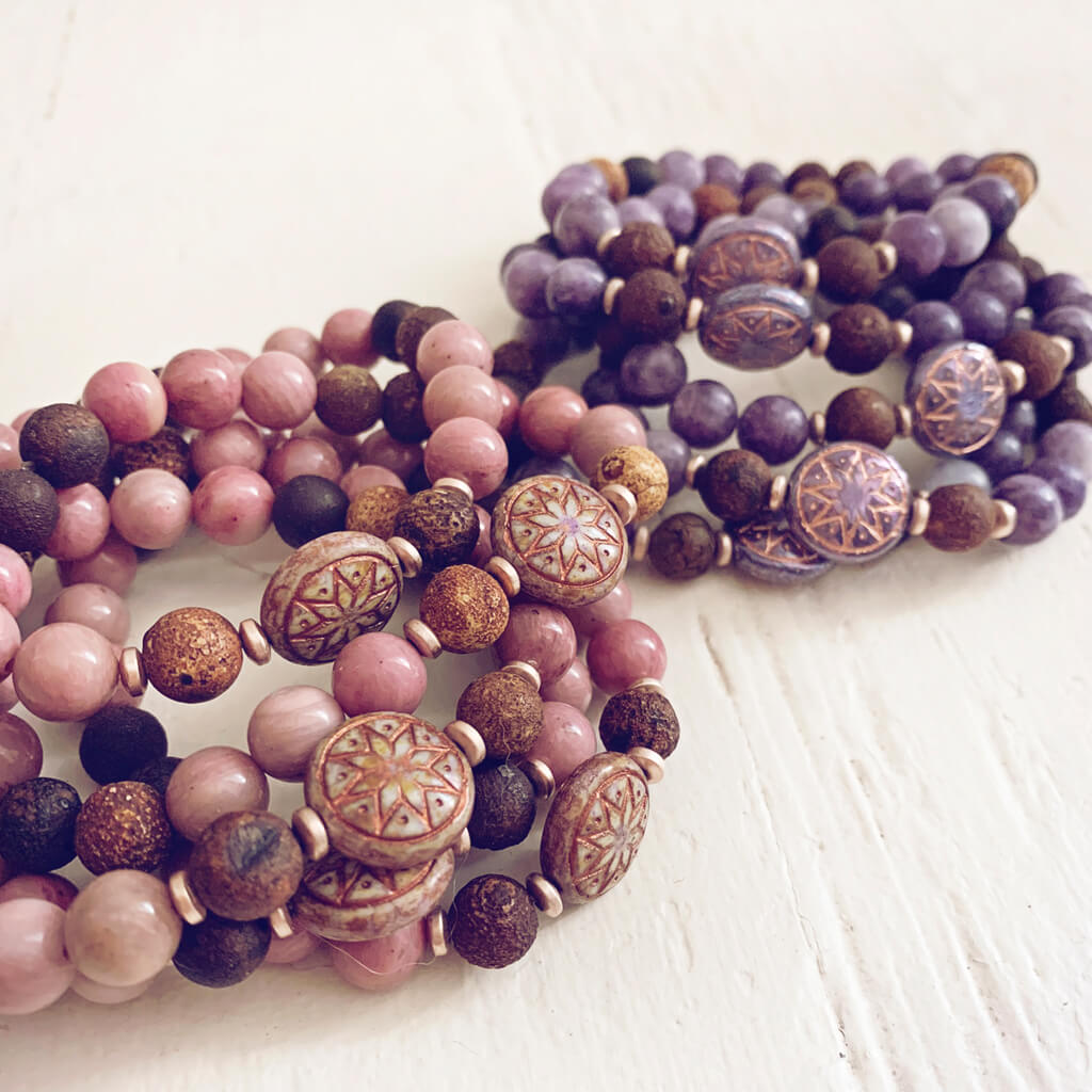 star of venus // beaded rhodochrosite or lepidolite gemstone bracelets with ishtar bead by Peacock and Lime