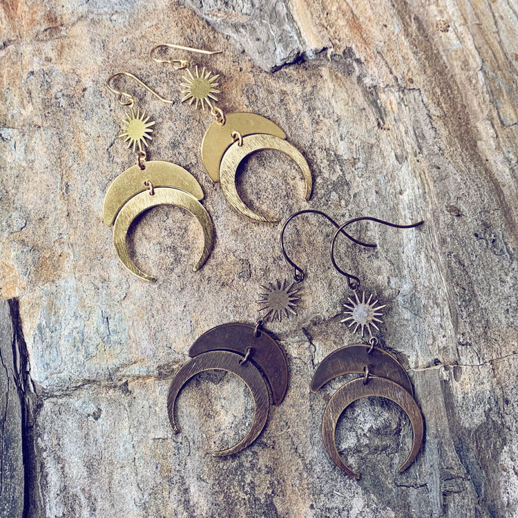 stardust & moondust // boho brass sun and moon dangle earrings - Peacock & Lime