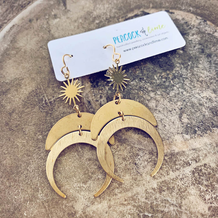 stardust // boho brass sun and moon dangle earrings - Peacock & Lime