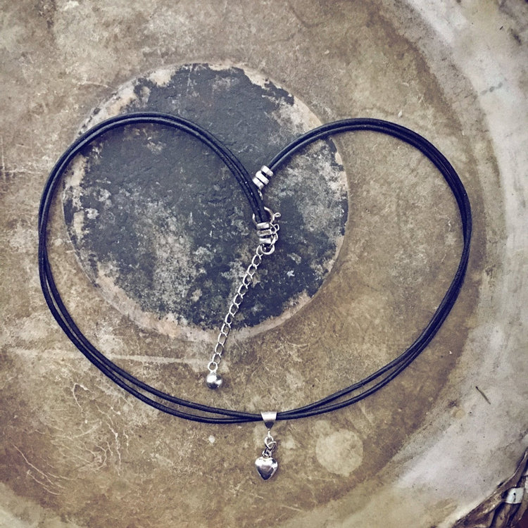 sterling silver puffy heart charm leather choker necklace // wrap bracelet - Peacock & Lime , the original Peacock and Lime boho jewelry